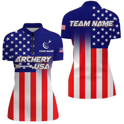 US Flag Custom Full Printing Archery Women Quarter-Zip Shirts, Patriotic Team Archery Jersey TDM0713