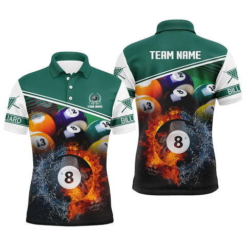 Custom Name Billiard 8 Ball In Fire And Water 3D  Polo Shirts For Men, Gifts For Billiard Player TDM0160