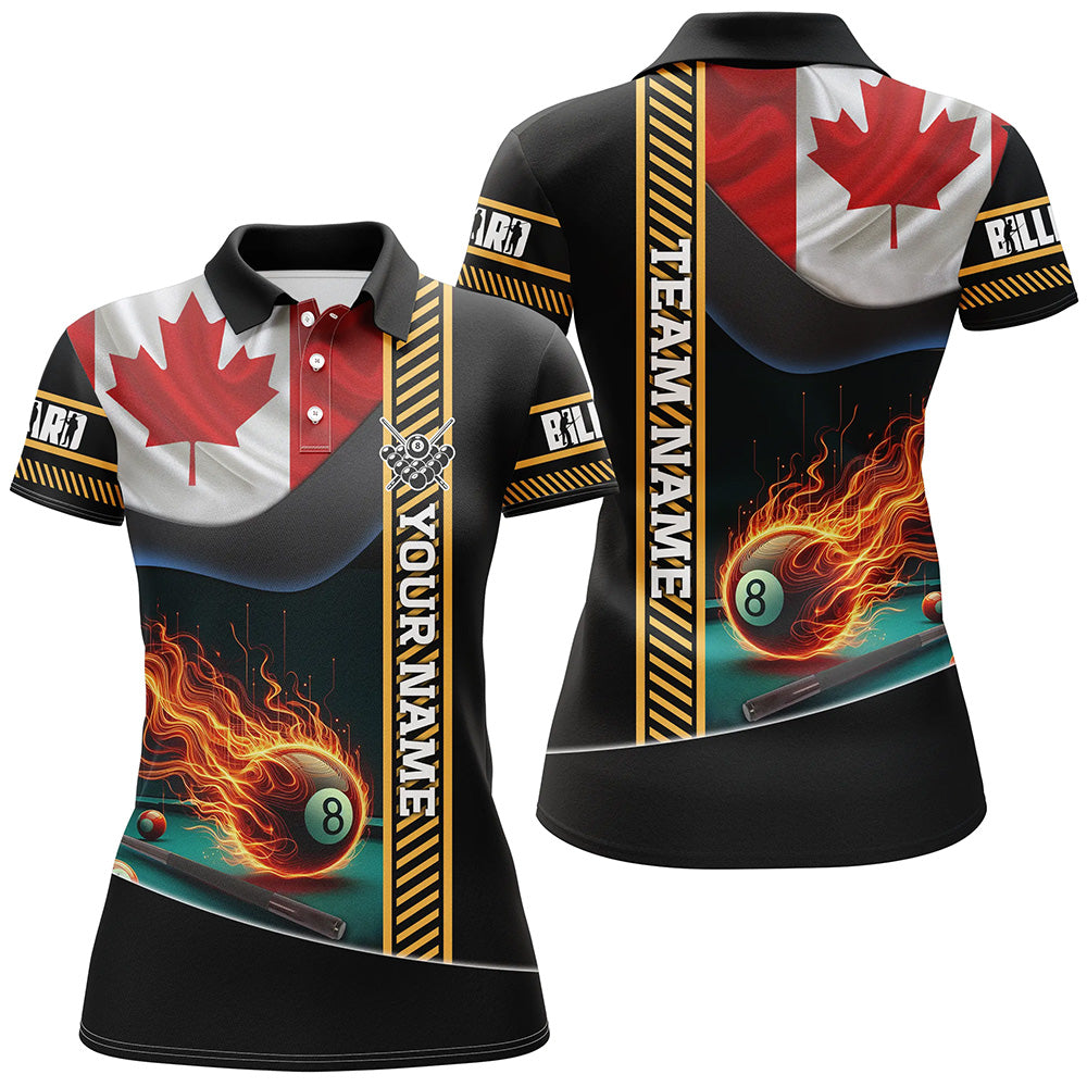 Personalized Canada Flag Flaming 8 Ball Pool Women Polo Shirts, Patriotic Billiard Attire Jerseys TDM1140