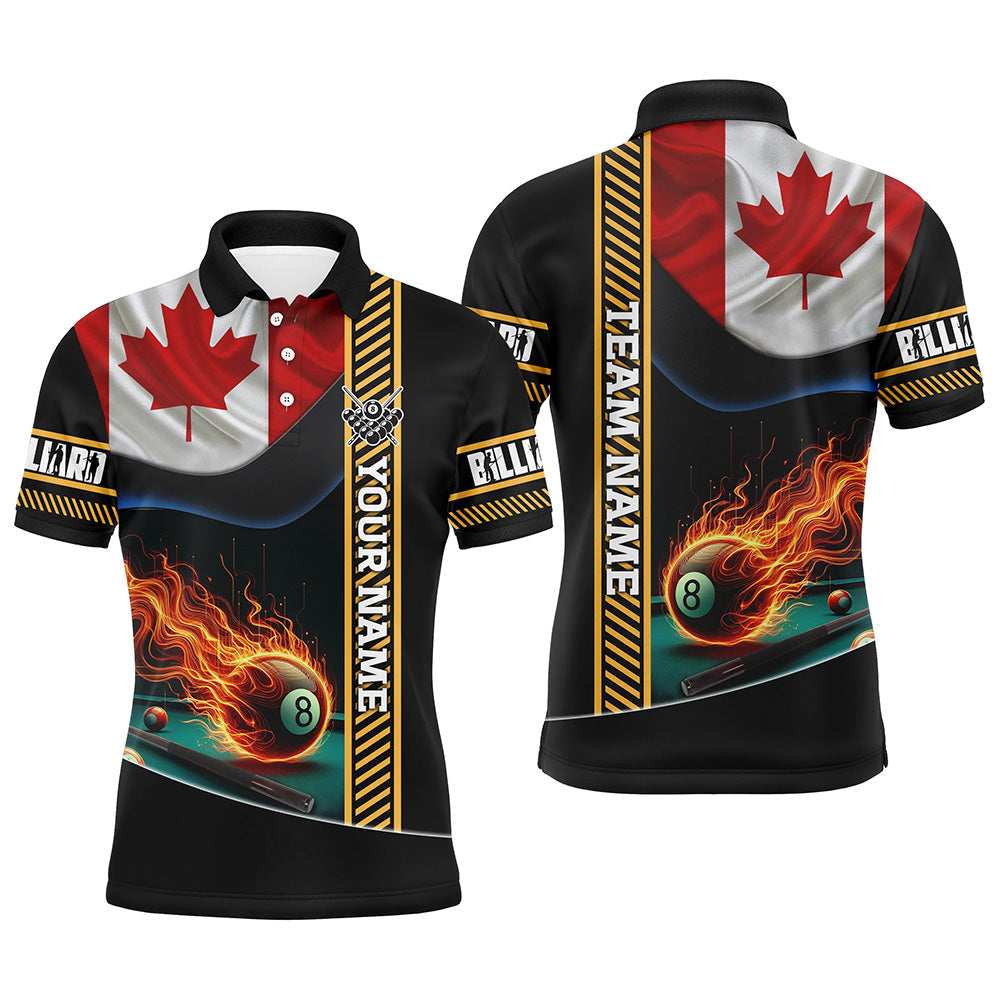 Personalized Canada Flag Flaming 8 Ball Pool Men Polo Shirts, Patriotic Billiard Attire Jerseys TDM1140