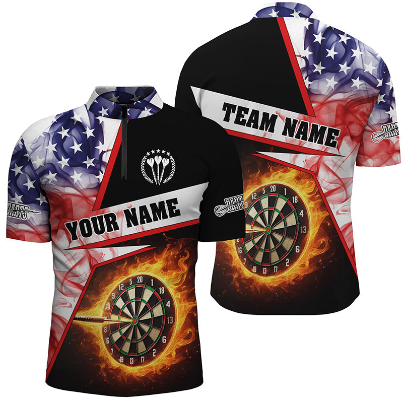 Personalized Darts Flame US Flag Smoke Men Quarter-Zip Shirt, Dart Jerseys League Shirts TDM1258