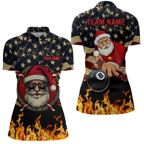 Funny Christmas Santa And Billiard USA Flag Fire Custom Women Quarter-Zip Shirts For Patriot TDM0538