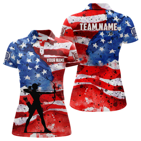 Personalized Vintage American Flag Women Archery Polo Shirts, Patriotic Archery Player Shirts TDM1048