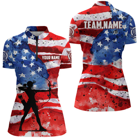 Custom Vintage American Flag Women Archery Quarter-Zip Shirt Patriotic Archery Player Shirts TDM1048