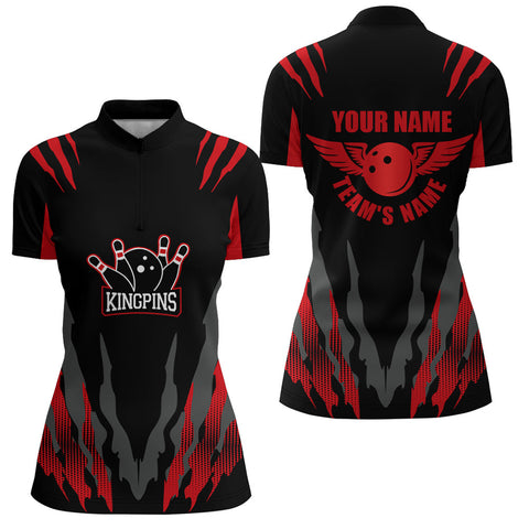 Custom Bowling Shirt for Women, Kingpins Red Quarter-Zip Bowling Shirt with Name Ladies Jersey NBZ159