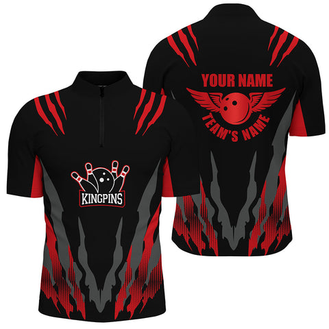 Custom Bowling Shirt for Men, Kingpins Red Quarter-Zip Bowling Shirt with Name Bowling Team Jersey NBZ159