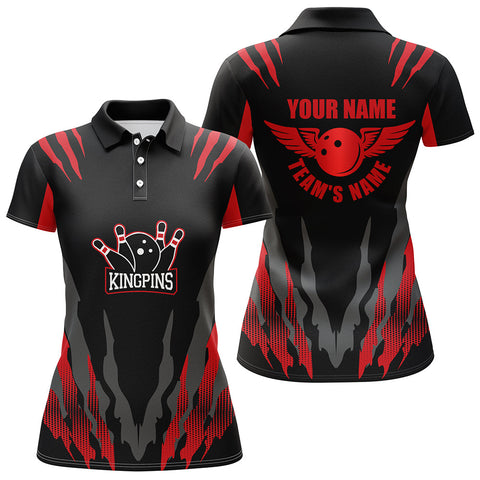 Custom Bowling Shirt for Women, Kingpins Red Polo Bowling Shirt with Name, Ladies Bowlers Jersey NBP159