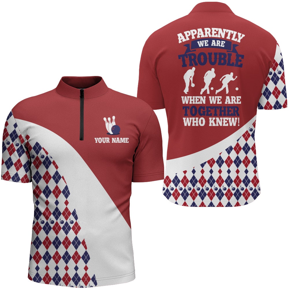 Personalized Men Bowling Shirt Red Argyle Bowling Jersey with Name Funny League Bowling Quarter-Zip NBZ44