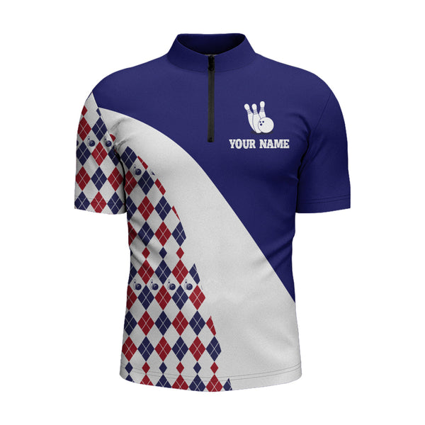 Custom Bowling Shirt for Men, Blue Argyle Bowling Jersey with Name League Quarter-Zip Shirt NBZ175