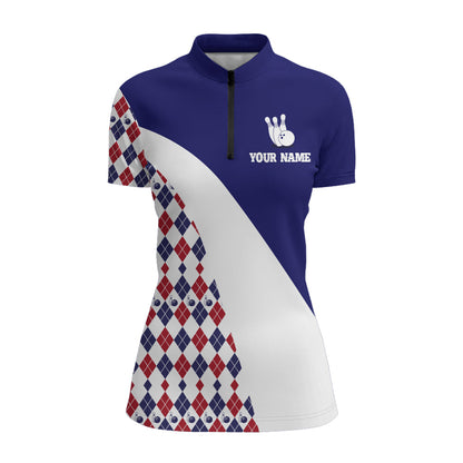 Custom Bowling Shirt for Women, Blue Argyle Bowling Jersey with Name League Quarter-Zip Shirt NBZ175