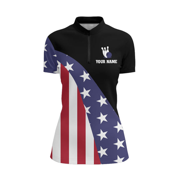 American Flag Bowling Shirt for Women Custom Bowling Jersey Funny Patriot Ladies League Quarter-Zip NBZ150