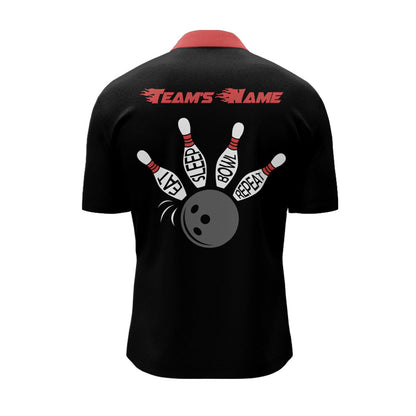 Custom Bowling Shirt for Men, Vintage Red&Black Bowling Quarter-Zip Shirt for Team Eat Sleep Bowl NBZ164