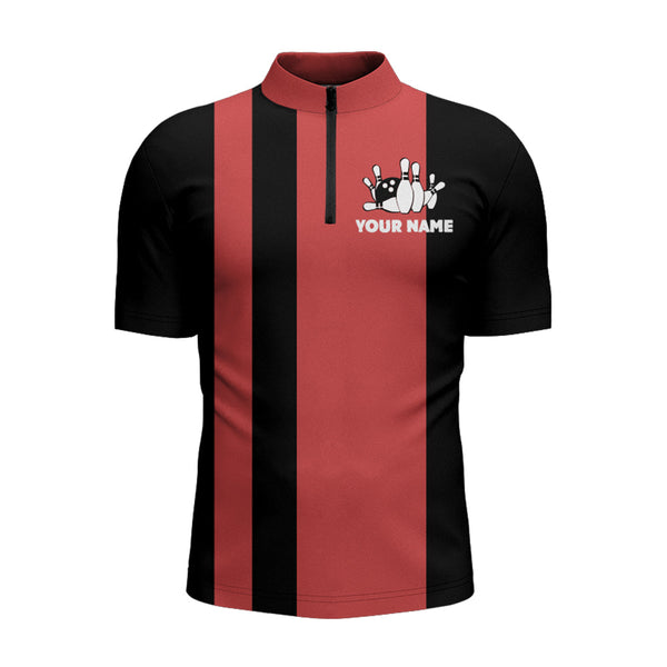 Custom Bowling Shirt for Men, Vintage Red&Black Bowling Quarter-Zip Shirt for Team Eat Sleep Bowl NBZ164