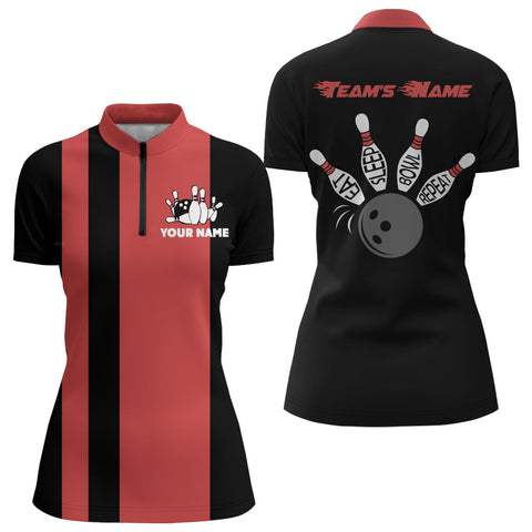 Custom Bowling Shirt for Women, Vintage Ladies Bowling Quarter-Zip Shirt for Team Eat Sleep Bowl NBZ164