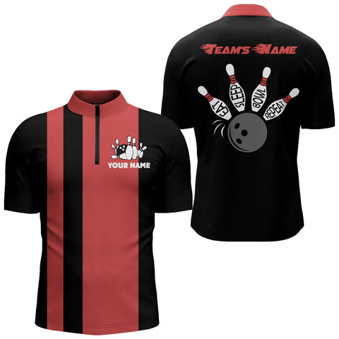 Custom Bowling Shirt for Men, Vintage Red&Black Bowling Quarter-Zip Shirt for Team Eat Sleep Bowl NBZ164