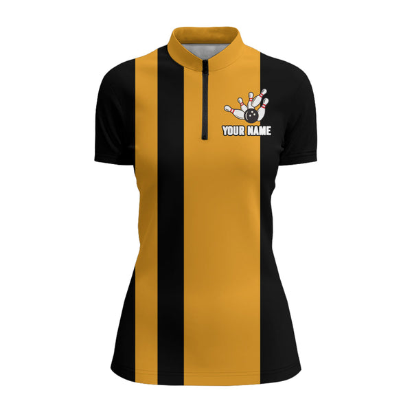 Custom Bowling Shirt for Women, Vintage Yellow&Black Bowling Quarter-Zip Bowling Team Ladies Girl NBZ166