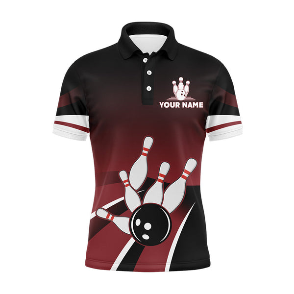 Red & Black Funny Bowling Polo Shirt for Men, Custom Name Bowling Jersey, Vintage Bowlers Shirt NBP134