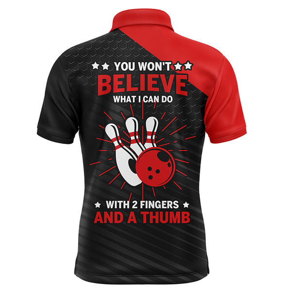 Funny Bowling Polo Shirt for Men, Red & Black Custom Bowling Jersey, 2 Fingers and A Thumb NBP145