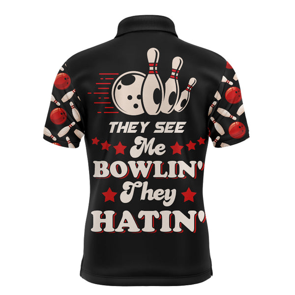 Funny Bowling Shirt for Men Personalized Name They See Me Bowlin' They Hatin' Bowler Polo Jersey NBP116