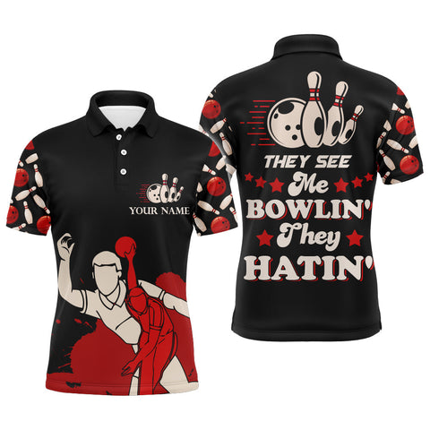 Funny Bowling Shirt for Men Personalized Name They See Me Bowlin' They Hatin' Bowler Polo Jersey NBP116