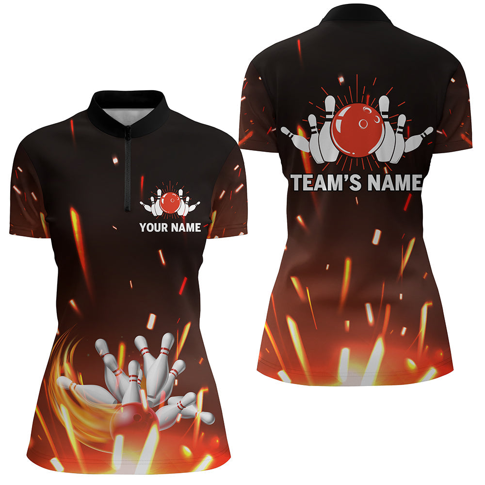 Personalized Bowling Shirt for Women, Flame Bowling Quarter-Zip Shirt for Team, Women Bowlers Jersey NBZ06