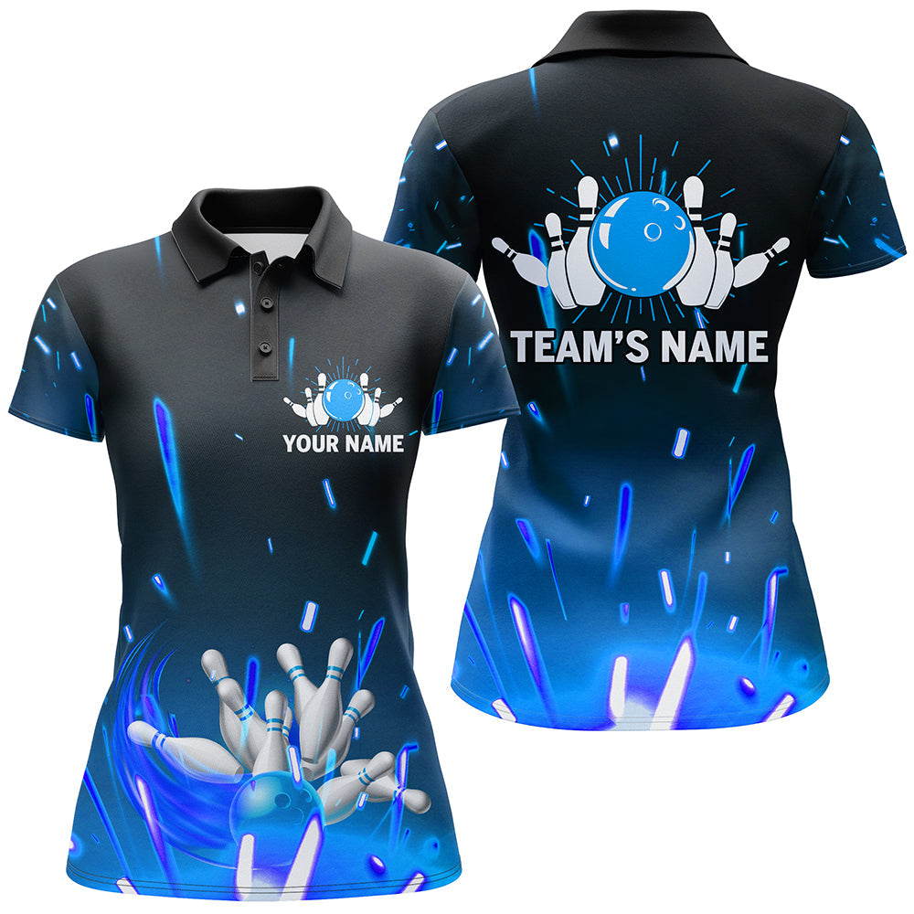 Custom Flame Bowling Shirt for Women, Polo Short Sleeve Blue Bowling Shirt for Team Bowlers Jersey NBP46