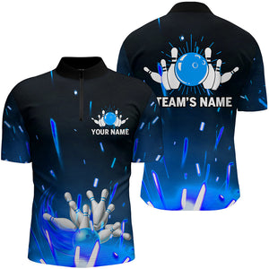 Custom Flame Bowling Shirt for Men, Quarter-Zip Blue Bowling Shirt for Team Bowlers Jersey NBZ46