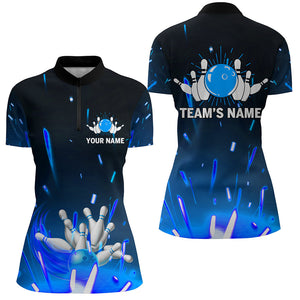 Custom Flame Bowling Shirt for Women, Quarter-Zip Blue Bowling Shirt for Team Bowlers Jersey NBZ46