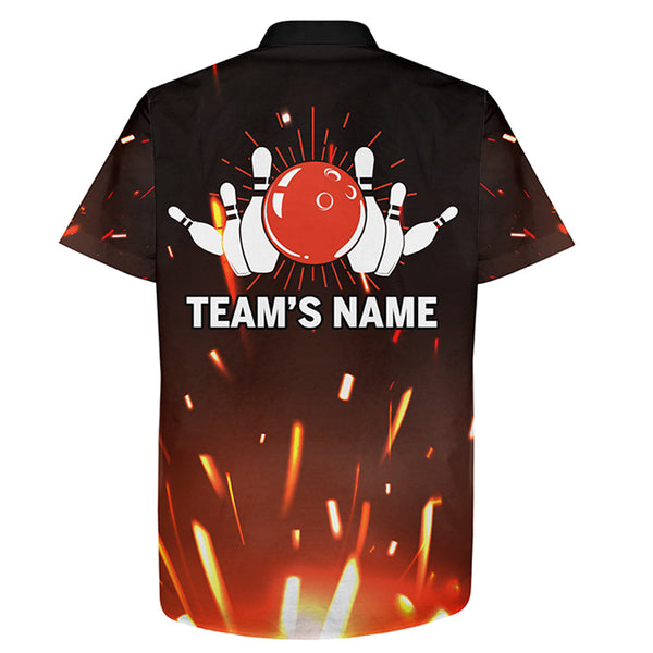 Personalized Hawaiian Bowling Shirt Flame Bowling Ball and Pins Short Sleeve Team Bowlers Jersey NBH06