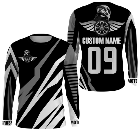Personalized Motocross UPF 30+ Jersey, Off-Road Racing Long Sleeves, Motorcycle Biker Shirt - Grey| NMS267