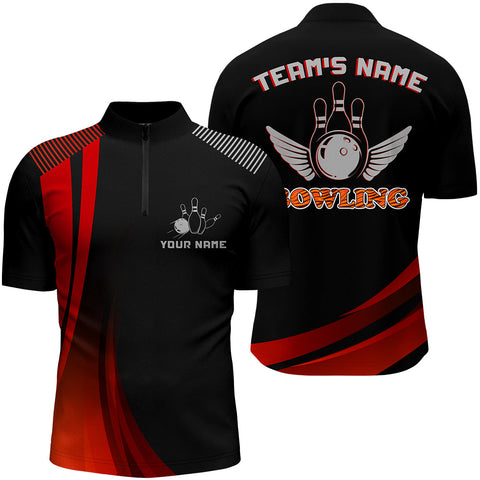 Custom Bowling Shirt for Men, Red & Black Bowling Jersey with Name League Bowling Quarter-Zip Shirt NBZ176
