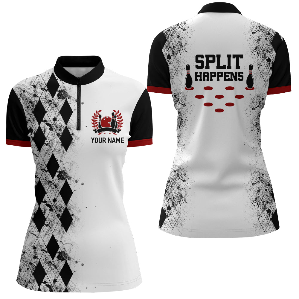 Split Happens Personalized Bowling Shirt for Women League Bowling Jersey with Name Lady Quarter-Zip NBZ136