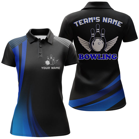 Custom Bowling Shirt for Women, Blue & Black Polo Bowling Shirt with Name, Ladies Bowlers Jersey NBP156