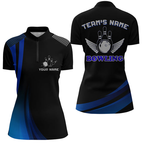 Custom Bowling Shirt for Women, Blue & Black Quarter-Zip Bowling Shirt with Name, Ladies Bowlers NBZ156