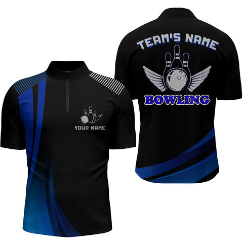 Custom Bowling Shirt for Men, Blue & Black Quarter-Zip Bowling Shirt with Name, Men Bowlers Jersey NBZ156