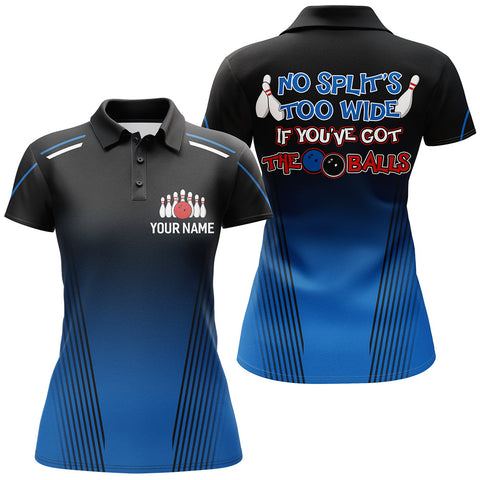 Custom Blue Bowling Shirt for Women, Ladies Bowling Polo with Name No Split's Too Wide Bowler Shirt NBP158