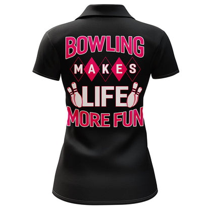 Custom Bowling Shirt for Women, Black&Pink Ladies Bowling Polo Short Sleeve, Bowling Girls Jersey NBP163