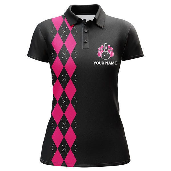 Custom Bowling Shirt for Women, Black&Pink Ladies Bowling Polo Short Sleeve, Bowling Girls Jersey NBP163