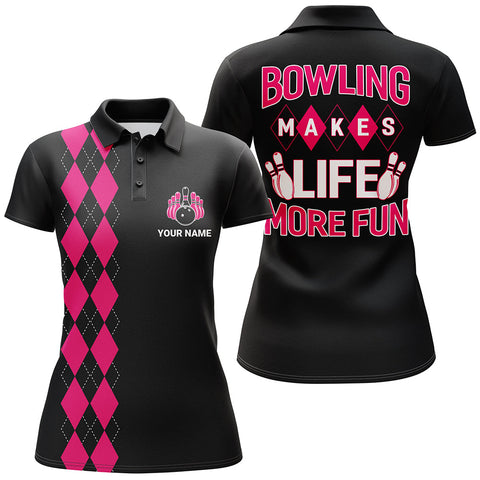 Custom Bowling Shirt for Women, Black&Pink Ladies Bowling Polo Short Sleeve, Bowling Girls Jersey NBP163