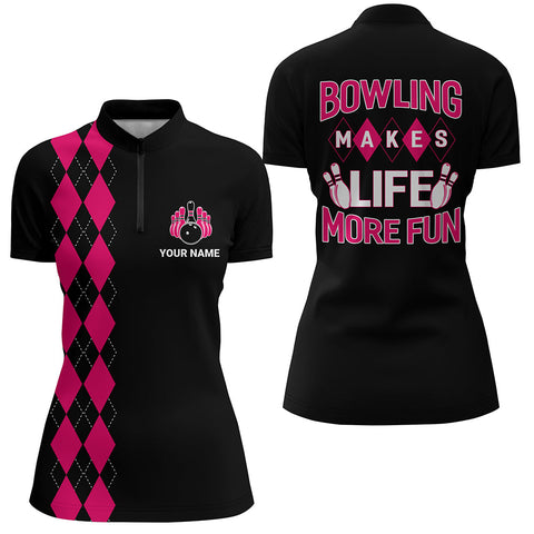 Custom Bowling Shirt for Women, Black&Pink Ladies Bowling Quarter-Zip Shirt, Bowling Girls Jersey NBZ163