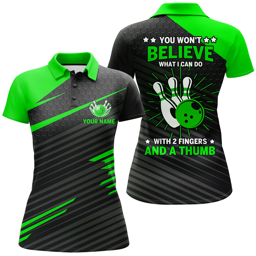 Funny Bowling Polo Shirt for Women Ladies Green & Black Custom Bowling Jersey 2 Fingers and A Thumb NBP169