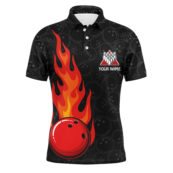 Funny Flame Bowling Polo Shirt for Men, Custom Name Black Bowling Jersey Cool Bowlers Shirt NBP130