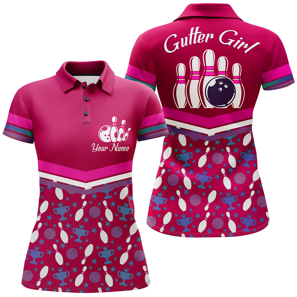 Bowling Polo Shirt for Women, Gutter Girl Pink Personalized Bowlers Jersey Short Sleeve NBP138