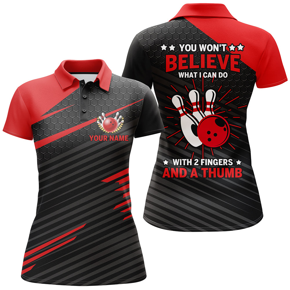 Funny Bowling Polo Shirt for Women Ladies Red & Black Custom Bowling Jersey, 2 Fingers and A Thumb NBP145