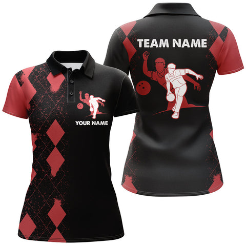 Women Polo Bowling Shirt Personalized Name Red&Black Bowler Team Shirt for Bowling Lovers NBP22