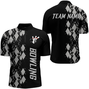 Personalized Men Bowling Shirt Quarter-Zip Custom Name Argyle Pattern Bowler Team Shirt NBZ23