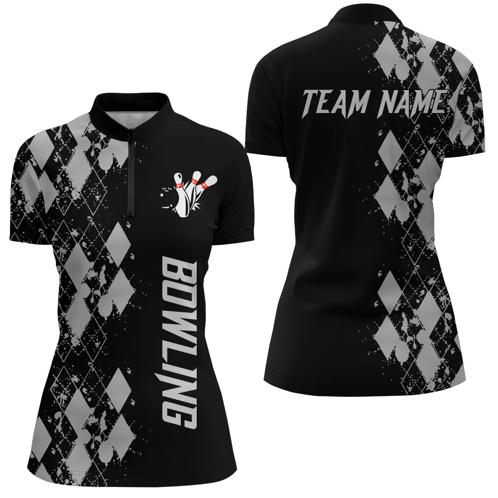 Personalized Women Bowling Shirt Quarter-Zip Custom Name Argyle Pattern Bowler Team Shirt NBZ23