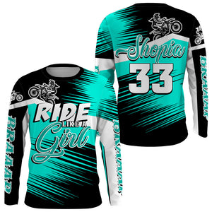 Ride Like A Girl Motocross Jersey Personalized UPF30+ Turquoise Dirt Bike Riding Shirt Women Girls NMS1448