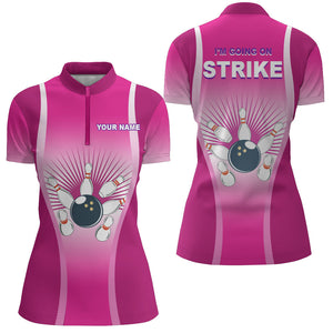 Personalized Bowling Shirt for Women Quarter-Zip Pink Strike Ladies Bowlers Short Sleeves Jersey NBZ105