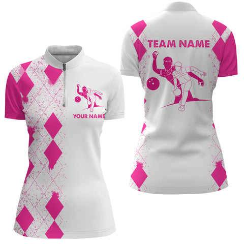 Personalized Bowling Shirt for Women Quarter-Zip Pink Ladies Bowler Custom Team Short Sleeve Jersey NBZ106